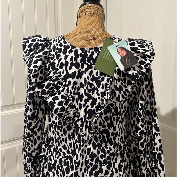 Sandy Liang Leopard Print Long Ruffle Sleeve Midi pocket Dress Size XXS - Picture 5 of 6